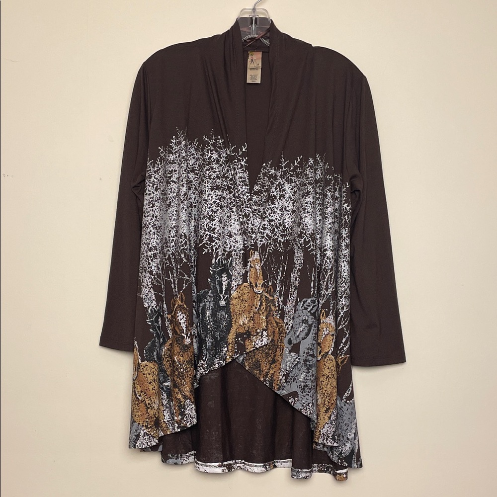 A Walk in the Park open front 3/4 slv kimono cardigan Small brown & white horses